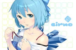 Rule 34 | 1girl, bad id, bad pixiv id, blue eyes, blue hair, bra strap, cirno, collarbone, hair ribbon, ice, ice wings, matching hair/eyes, off shoulder, ribbon, ryou (effort), solo, touhou, undressing, wings