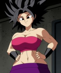 Rule 34 | 1girl, absurdres, black eyes, black hair, blindstash, bracelet, breasts, caulifla, cleavage, clothes, dragon ball, dragon ball super, female focus, highres, jewelry, large breasts, looking at viewer, medium hair, muscular, muscular female, saiyan, smile, solo