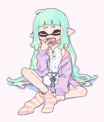 Rule 34 | 1girl, bad id, bad twitter id, blunt bangs, cardigan, covering own mouth, drawstring, facing viewer, fangs, full body, gomi (kaiwaresan44), inkling, inkling girl, inkling player character, invisible chair, long hair, loose socks, messy hair, multicolored clothes, multicolored legwear, nintendo, open mouth, orange socks, pajamas, pointy ears, polka dot, polka dot shirt, purple background, purple sweater, shirt, shorts, simple background, sitting, socks, solo, splatoon (series), splatoon 2, sweater, tearing up, tentacle hair, waking up, white shirt, white shorts, yawning, yellow socks
