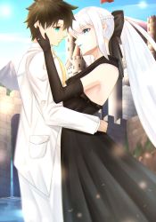 Rule 34 | 1boy, 1girl, alternate costume, bare shoulders, black bow, black dress, black gloves, black hair, blue eyes, blue lips, blue sky, bow, castle, commentary request, dancing, day, dress, elbow gloves, eye contact, fate/grand order, fate (series), formal, fujimaru ritsuka (male), gloves, hair bow, hand on another&#039;s cheek, hand on another&#039;s face, hetero, highres, ilsa34660285, jacket, jewelry, lipstick, long hair, looking at another, makeup, morgan le fay (fate), outdoors, pants, ponytail, ring, sky, sleeveless, sleeveless dress, suit, very long hair, wedding band, white hair, white jacket, white pants, white suit