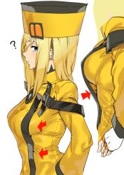 Rule 34 | 1girl, ?, arrow (projectile), ashiomi masato, blonde hair, blue eyes, blush, breasts, coat, commentary request, from side, guilty gear, hat, long sleeves, medium breasts, millia rage, simple background, solo, white background, yellow coat, yellow hat