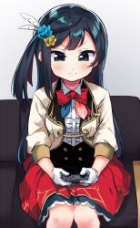 Rule 34 | 1girl, afterschool school idol (love live!), beige jacket, black eyes, black hair, black skirt, blouse, blue flower, blush, bow, chase (love live!), commentary request, controller, feathers, flower, frills, gloves, hair between eyes, hair flower, hair ornament, holding, holding controller, love live!, love live! nijigasaki high school idol club, love live! school idol festival all stars, red bow, red neckwear, red skirt, shirt, side ponytail, sitting, skirt, smile, solo, totoki86, white feathers, white gloves, white shirt, yellow flower, yuki setsuna (love live!)