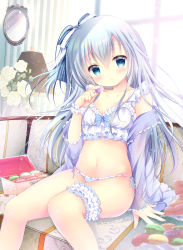 Rule 34 | 1girl, arm support, blue bow, blue eyes, blue hair, blue panties, blue shirt, blush, bow, bow bra, bra, bridal garter, commentary request, food, hair between eyes, hair bow, head tilt, highres, holding, holding food, long hair, long sleeves, looking at viewer, macaron, navel, off shoulder, open clothes, open shirt, original, panties, parted lips, see-through, shirogane hina, shirt, side-tie panties, sleeves past wrists, solo, striped, striped bow, underwear, upper body, vertical stripes, very long hair, white bra