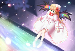 Rule 34 | 1girl, agent (ikuoikuo), blonde hair, blue eyes, capelet, cherry blossoms, fairy wings, hat, highres, lily white, long hair, multicolored wings, solo, touhou, water, wings