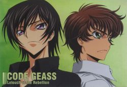 Rule 34 | 00s, 2boys, black hair, brown hair, closed mouth, code geass, copyright name, expressionless, green background, green eyes, kururugi suzaku, lelouch vi britannia, looking at viewer, male focus, multiple boys, purple eyes, scan, simple background, upper body