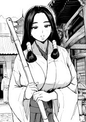 Rule 34 | 1girl, breasts, greyscale, hair tubes, hakama, highres, ichiren takushou, japanese clothes, kimono, large breasts, long hair, looking at viewer, low tied hair, miko, monochrome, original, wide sleeves