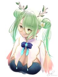 Rule 34 | 1girl, antlers, blue bow, bow, braid, braided bangs, branch, breasts, ceres fauna, cleavage, closed mouth, commentary, cropped torso, double bun, eyes visible through hair, flower, glasses, green hair, hair bun, hair flower, hair ornament, hair over one eye, hololive, hololive english, horns, large breasts, long hair, looking away, semi-rimless eyewear, shiina rei, signature, simple background, single braid, smile, solo, twintails, upper body, virtual youtuber, white background, white flower, yellow eyes