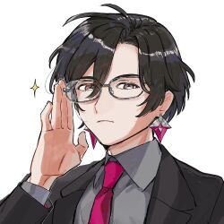 Rule 34 | 1boy, adjusting eyewear, alternate costume, bespectacled, black hair, black jacket, black suit, brown eyes, closed mouth, collared shirt, constantine xi (fate), curtained hair, earrings, expressionless, fate/grand order, fate (series), formal, glasses, grey shirt, hair between eyes, huzishiro, jacket, jewelry, lapels, long sleeves, looking at viewer, male focus, necktie, notched lapels, open clothes, open jacket, pink necktie, shirt, short hair, simple background, solo, sparkle, suit, suit jacket, upper body, white background