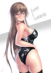 Rule 34 | 1girl, absurdres, artist request, ass, bare shoulders, black thighhighs, blush, breasts, brown hair, from behind, furen e lustario, highres, large breasts, leotard, long hair, looking at viewer, looking back, nijisanji, red eyes, shiny clothes, shiny skin, sideboob, solo, thighhighs, very long hair, virtual youtuber