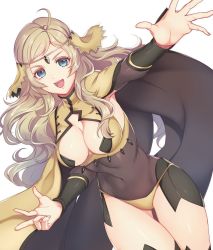 Rule 34 | 1girl, ahoge, blonde hair, blue eyes, breasts, brown cape, cape, center opening, circlet, cleavage, cleavage cutout, clothing cutout, commentary request, covered navel, cowboy shot, fire emblem, fire emblem fates, hand gesture, kokouno oyazi, long hair, looking at viewer, medium breasts, navel, nintendo, open mouth, ophelia (fire emblem), outstretched arm, simple background, skin tight, solo, teeth, thigh gap, upper teeth only, wavy hair, white background