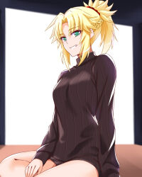 Rule 34 | 1girl, alternate costume, arm support, black sweater, blonde hair, braid, breasts, commentary request, engo (aquawatery), fate/apocrypha, fate (series), french braid, green eyes, hair ornament, hair scrunchie, hand on own leg, highres, indoors, long sleeves, looking at viewer, medium breasts, mordred (fate), mordred (fate/apocrypha), ponytail, red scrunchie, ribbed sweater, scrunchie, sidelocks, simple background, sitting, solo, sweater, thighs, turtleneck, turtleneck sweater