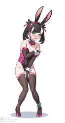 Rule 34 | 1girl, alternate costume, animal ears, black choker, black hair, black nails, blush, breasts, bridal gauntlets, choker, covering crotch, covering privates, creatures (company), detached collar, earrings, embarrassed, fake animal ears, full body, game freak, green eyes, groin, hairband, high heels, highleg, highleg leotard, highres, jewelry, leotard, looking at viewer, marnie (pokemon), nintendo, open mouth, pink hairband, playboy bunny, pokemon, pokemon swsh, rabbit ears, small breasts, solo, stud earrings, thighhighs, twintails, v-shaped eyebrows, wrist cuffs, xiangzi box