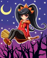 Rule 34 | 1girl, ashley (warioware), big hair, black hair, black pantyhose, blush, broom, broom riding, closed mouth, collarbone, crescent moon, dress, flat chest, full body, gradient background, hairband, halloween, highres, long hair, long sleeves, moon, neckerchief, nintendo, orange hairband, orange neckerchief, outline, pantyhose, red dress, red eyes, red footwear, shoes, sidesaddle, sigurd hosenfeld, skull, solo, star (symbol), tree, two-tone background, upskirt, very long hair, warioware, white outline