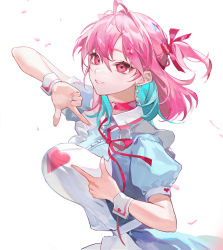 Rule 34 | 1girl, afterimage, ahoge, alternate hair length, alternate hairstyle, apron, blue dress, blue hair, bouncing breasts, breasts, cherry blossoms, choker, collared dress, dress, earrings, frilled apron, frills, hair between eyes, hair ribbon, heart, heart print, highres, idolmaster, idolmaster cinderella girls, jewelry, large breasts, medium hair, moko (moko/moko), motion blur, neck ribbon, official alternate costume, parted lips, petals, pink eyes, pink hair, pink ribbon, pose imitation, puffy short sleeves, puffy sleeves, ribbon, short sleeves, simple background, smile, solo, upper body, white apron, white background, wrist cuffs, yumemi riamu