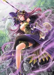 Rule 34 | 1girl, arm up, arms up, aura, bad id, bad twitter id, bare shoulders, black thighhighs, breasts, cleavage, company name, copyright name, crossed legs, day, dress, dutch angle, feather trim, fingernails, fire emblem, fire emblem cipher, fire emblem heroes, hat, high heels, holding, large breasts, lips, lipstick, loki (fire emblem), long hair, looking at viewer, makeup, nail polish, nintendo, official art, outdoors, parted bangs, parted lips, puffy sleeves, purple eyes, purple hair, single thighhigh, sitting, sleeveless, smile, solo, staff, thigh strap, thighhighs, toyo sao