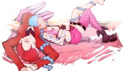 Rule 34 | 2girls, absurdres, arm tattoo, blue hair, braid, breasts, character name, closed eyes, copyright name, highres, jinx (league of legends), league of legends, long hair, multiple girls, pants, pink hair, short shorts, shorts, shoulder tattoo, siblings, single thighhigh, sisters, sleeping, striped clothes, striped pants, tattoo, thighhighs, twin braids, very long hair, vi (league of legends)
