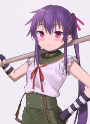 Rule 34 | 1girl, bare shoulders, blush, breasts, closed mouth, commentary request, ebisuzawa kurumi, expressionless, gakkou gurashi!, hand on own hip, highres, holding, holding stick, long hair, pink eyes, ponytail, purple hair, shimizu tomoki, sidelocks, small breasts, solo, stick, suspenders hanging, very long hair