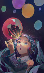 Rule 34 | 1girl, absurdres, aqua eyes, aqua hair, aqua nails, aqua necktie, arm at side, ayabe shimota, balloon, bare shoulders, bursting, character name, collared shirt, dark background, detached sleeves, expressionless, eye reflection, eyelashes, fingernails, glowing, grey shirt, hand up, hatsune miku, headset, highres, index finger raised, light, light blush, light particles, long hair, looking up, nail polish, necktie, number tattoo, parted lips, poking, reflection, shirt, shoulder tattoo, simple background, sleeveless, sleeveless shirt, solo, sparkle, star (symbol), tattoo, twintails, upper body, very long hair, vocaloid, wide-eyed