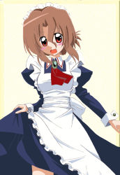 Rule 34 | 00s, 1girl, apron, blush, brown hair, clothes lift, dress, dress lift, folded ponytail, frills, hayate no gotoku!, maid, maid apron, maria (hayate no gotoku!), non-web source, red eyes, solo