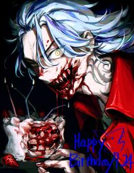 Rule 34 | 1boy, :d, birthday cake, black background, blood, blood from mouth, blood on face, blue hair, cake, candle, dated, dragon tattoo, food, hand up, happy birthday, highres, jacket, long hair, looking at viewer, male focus, neck tattoo, open mouth, red jacket, sharp teeth, shiba taiju, simple background, slit pupils, smile, solo, sonyo738, tattoo, teeth, tokyo revengers, tsurime, uneven eyes, upper body, v-shaped eyebrows, yellow eyes