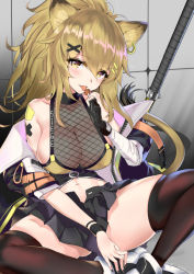 Rule 34 | 1girl, :p, animal ears, arknights, ass, bad id, bad pixiv id, bandaged arm, bandages, bare shoulders, black gloves, black nails, black thighhighs, blonde hair, blush, candy, character name, choker, clothes writing, earrings, fishnets, food, gloves, hair between eyes, hair ornament, hairclip, highres, indian style, jewelry, lion ears, lion tail, lollipop, long hair, looking at viewer, miniskirt, nail polish, navel, pleated skirt, ponytail, see-through, siege (arknights), sitting, skirt, smile, solo, srpzk, tail, thighhighs, tongue, tongue out, weapon, yellow eyes