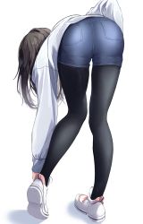 Rule 34 | 1girl, ass, bent over, black hair, black pantyhose, blue shorts, denim, denim shorts, fine fabric emphasis, from behind, highres, long hair, long sleeves, original, pantyhose, pantylines, seero, shoes, shorts, solo, standing, sweater, white footwear, white sweater