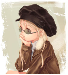 Rule 34 | 1girl, blonde hair, brown eyes, glasses, hat, jacket, long hair, original, solo, sunglasses, sweater, toyoyo, turtleneck