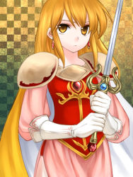 Rule 34 | 1girl, 74, armor, blonde hair, cape, checkered background, earrings, elbow gloves, fire emblem, fire emblem: genealogy of the holy war, gloves, holding, holding sword, holding weapon, jewelry, lachesis (fire emblem), long hair, nintendo, serious, solo, sword, weapon, yellow eyes