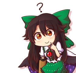 Rule 34 | 1girl, ?, arm cannon, black hair, black wings, blush, bow, cape, chibi, commentary, cowboy shot, feathered wings, finger to mouth, green bow, green skirt, hair between eyes, hair bow, hand up, long hair, looking at viewer, puffy short sleeves, puffy sleeves, red eyes, reiuji utsuho, shirt, short sleeves, sidelocks, silhouette, simple background, skirt, smile, solo, space print, starry sky print, touhou, very long hair, weapon, white background, white cape, white shirt, wings, wool (miwol)
