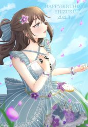 Rule 34 | black bow, blooming garden (love live!), blue bow, blue dress, blue eyes, bow, brown hair, collarbone, dress, flower, hair between eyes, hair bow, hair flower, hair ornament, half updo, hand on own chest, highres, huge bow, lace, lace-trimmed dress, lace trim, long hair, love live!, love live! nijigasaki high school idol club, osaka shizuku, petals, ponytail, pukonuu, purple bow, purple flower, sidelocks, solo, x hair ornament