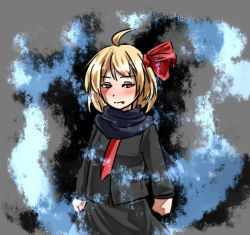 Rule 34 | 1girl, adapted costume, blonde hair, expressionless, fang, fang out, hair ribbon, jacket, mousoumousoumousou, necktie, red necktie, ribbon, rumia, scarf, short hair, skirt, touhou