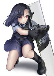 Rule 34 | 1girl, absurdres, black footwear, black gloves, black hair, black necktie, black socks, blue shirt, blue skirt, boots, clenched teeth, collared shirt, cross-laced footwear, forehead, full body, gloves, gun, handgun, highres, holding, holding gun, holding weapon, lace-up boots, necktie, on one knee, original, paravene, parted bangs, pleated skirt, red eyes, riot shield, shadow, shield, shirt, short sleeves, simple background, skirt, socks, solo, teeth, translation request, weapon, white background