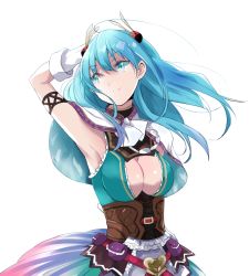 Rule 34 | 1girl, arm up, armpits, atelier (series), atelier sophie, blue eyes, blue hair, breasts, capelet, cleavage, cleavage cutout, clothing cutout, corset, elbow gloves, female focus, gloves, hair ornament, huge breasts, large breasts, leon (atelier), long hair, maromi (am97), matching hair/eyes, shirt, skirt, sleeveless, sleeveless shirt, smile, solo, white gloves