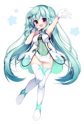 Rule 34 | 1girl, braid, breasts, covered navel, dress, full body, gloves, green hair, hinabita, jpeg artifacts, long hair, looking at viewer, medium breasts, microphone, miiiiiiii, open mouth, outstretched arm, red eyes, shinonome kokona, short dress, smile, solo, standing, thighhighs, twintails, very long hair, white gloves, white thighhighs