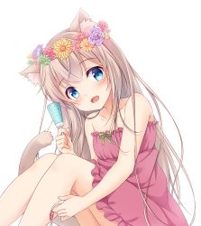 Rule 34 | 1girl, animal ear fluff, animal ears, bare shoulders, blue eyes, blush, brown hair, cat ears, cat girl, cat tail, collarbone, commentary request, dress, flower, flower wreath, food, green flower, green ribbon, hair between eyes, head wreath, holding, holding food, ice cream, knees up, leaning forward, long hair, looking at viewer, minakami rinka, original, pink dress, pink flower, pink rose, purple flower, purple rose, ribbon, rose, simple background, sitting, solo, strapless, strapless dress, tail, very long hair, white background, yellow flower