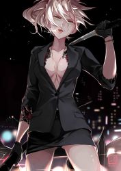 Rule 34 | 1girl, black jacket, black panties, black skirt, blonde hair, blurry, blurry background, breasts, car, cigarette, city lights, cleavage, collarbone, cowboy shot, fate/grand order, fate (series), floating hair, green eyes, half-closed eyes, highres, holding, holding sheath, holding sword, holding weapon, jacket, jewelry, katana, long hair, looking at viewer, medium breasts, mordred (fate), mordred (fate/apocrypha), motor vehicle, navel, necklace, nekomimipunks, night, no bra, open clothes, open jacket, open mouth, panties, ponytail, sheath, signature, skirt, sleeves rolled up, smoking, solo, sword, tattoo, underwear, weapon