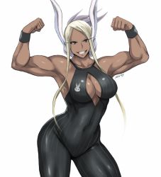Rule 34 | 1girl, alternate color, alternate eye color, alternate hair color, alternate hairstyle, animal ears, animal print, armpits, arms up, artist name, biceps, blonde hair, boku no hero academia, breasts, brown eyes, cleavage, cleavage cutout, clothing cutout, collarbone, cowboy shot, dark-skinned female, dark skin, double biceps pose, eyes visible through hair, flexing, grin, hair up, hip focus, impossible clothes, large breasts, looking at viewer, mirko, multicolored hair, muscular, muscular female, navel, parted bangs, rabbit ears, rabbit girl, rabbit print, shibusun, shiny clothes, shiny skin, short hair with long locks, sidelocks, silver hair, simple background, skin tight, smile, solo, thick thighs, thigh gap, thighs, white background