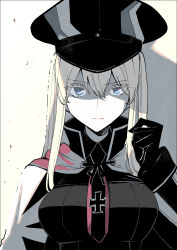 Rule 34 | 1girl, black gloves, black hat, blonde hair, blue eyes, breasts, capelet, closed mouth, cross, gloves, graf zeppelin (kancolle), hair between eyes, hat, highres, iron cross, kantai collection, large breasts, long hair, long sleeves, masukuza j, military, military uniform, necktie, peaked cap, red necktie, shaded face, sidelocks, solo, twintails, uniform, upper body