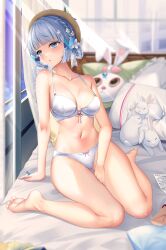 Rule 34 | 1girl, :p, arm support, ayaka (genshin impact), bare legs, barefoot, bed, bed sheet, between legs, blue dress, blue hair, blunt bangs, blurry, blurry background, blush, bow, bowtie, bra, breasts, brown hat, butterfly hair ornament, collarbone, curtains, dress, feet, flower, genshin impact, hair ornament, hand between legs, hat, hat flower, highres, indoors, kousaki natsu, legs, light blue hair, looking at viewer, medium breasts, navel, official alternate hairstyle, panties, pillow, sitting, solo, stomach, stuffed animal, stuffed rabbit, stuffed toy, thighs, toes, tongue, tongue out, underwear, underwear only, wariza, white bra, white panties, window