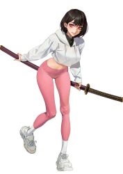 Rule 34 | 1girl, black hair, breasts, cameltoe, crop top, crop top overhang, cropped hoodie, drawstring, earrings, fingernails, full body, grin, highres, holding, holding weapon, hongcasso, hood, hoodie, jewelry, knees, large breasts, leaning forward, lips, long fingernails, long sleeves, looking at viewer, medium hair, midriff, oran (hongcasso), original, pants, pink eyes, pink nails, shoes, simple background, smile, sneakers, socks, solo, standing, standing on one leg, sword, tight clothes, tight pants, weapon, white background, white footwear, white hoodie, white socks