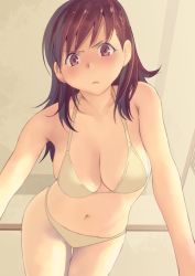 Rule 34 | 1girl, alternate costume, bare shoulders, bikini, breasts, brown eyes, brown hair, cleavage, commentary request, from below, frown, highres, kantai collection, large breasts, long hair, looking at viewer, masukuza j, navel, ooi (kancolle), sideboob, skindentation, solo, swept bangs, swimsuit, v-shaped eyebrows