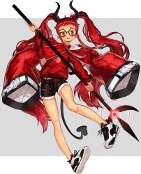 Rule 34 | 1girl, black horns, black shorts, blush, demon girl, demon tail, flower, fuji tarawi, hair flower, hair ornament, highres, holding, holding staff, horns, jacket, jacket on shoulders, long hair, looking at viewer, open mouth, original, red eyes, red hair, red jacket, red sweater, round eyewear, shoes, short shorts, shorts, sneakers, solo, spider lily, staff, sweater, tail, twintails, two-tone background, very long hair