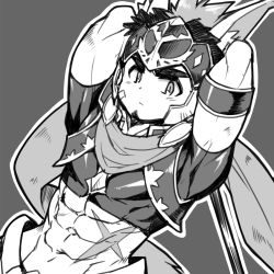 Rule 34 | 1boy, abs, bandaid, bara, black bodysuit, black hair, bodysuit, cape, character request, dragalia lost, facial hair, goatee, greyscale, helmet, highres, male focus, midriff, monochrome, muscular, muscular male, navel, scar, scar on stomach, short hair, sketch, solo, stomach, subasame, thick eyebrows