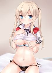 Rule 34 | 10s, 1girl, areola slip, bed, black panties, blonde hair, blue eyes, blush, bra, breasts, capelet, closed mouth, clothes lift, embarrassed, graf zeppelin (kancolle), grey background, hair between eyes, kantai collection, large breasts, long hair, looking at viewer, navel, nikoo, panties, shirt lift, side-tie panties, simple background, sitting, solo, twintails, underwear, white bra