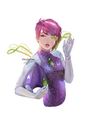 Rule 34 | aqua eyes, earrings, elbow gloves, fairy wings, gem, gloves, green gemstone, green wings, highres, jewelry, looking at viewer, parted lips, pointy hat, purple hair, short hair, sparkle print, tecna (winx club), toshiasan, white gloves, wings, winx club