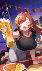 Rule 34 | 1girl, alcohol, beer, bent over, black shirt, blue nails, blush, breasts, brown hair, closed eyes, collarbone, earrings, fang, food, glass, high heels, highres, jewelry, large breasts, leaning on table, long hair, monoto, nail polish, open mouth, orange hair, original, pants, pov, shirt, shirt tucked in, skin fang, sleeveless, sleeveless shirt, smile, swept bangs, toasting (gesture)