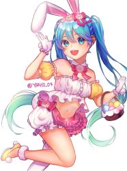Rule 34 | 1girl, animal ears, bare shoulders, basket, blue eyes, blue hair, bow, bowtie, rabbit ears, collar, easter, easter egg, egg, flower, gradient hair, green hair, hair between eyes, hair bow, hair flower, hair ornament, hatsune miku, holding, holding basket, long hair, looking at viewer, midriff, multicolored hair, navel, open mouth, simple background, single thighhigh, skirt, solo, thighhighs, toya (sjadh), twintails, twitter username, very long hair, vocaloid, white background