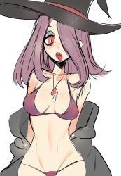 Rule 34 | 10s, 1girl, absurdres, bikini, breasts, hair over one eye, hat, hatsuji horumon, highres, little witch academia, long hair, purple hair, solo, sucy manbavaran, swimsuit, witch hat