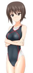 Rule 34 | 10s, 1girl, bad id, bad twitter id, brown eyes, brown hair, competition swimsuit, crossed arms, girls und panzer, highres, inactive account, nishizumi maho, one-piece swimsuit, short hair, solo, standing, swimsuit, takafumi