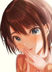 Rule 34 | 1girl, blue eyes, blush, brown hair, close-up, collared shirt, commentary request, eyelashes, hand up, hands up, highres, hololive, long sleeves, looking at viewer, nojikorirakkusu, oozora subaru, open mouth, orange shirt, portrait, shadow, shirt, short hair, simple background, smile, solo, steepled fingers, swept bangs, virtual youtuber, white background